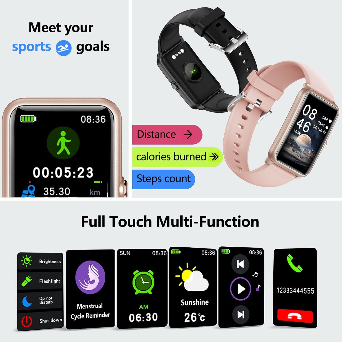 Fitness Tracker, Heart Rate Blood Pressure Monitor Activity Tracker, 1.57'' Touch Screen Calorie Step Counter IP68 Waterproof Watch with Weather Sleep Monitor Music Control for Women Men Kids