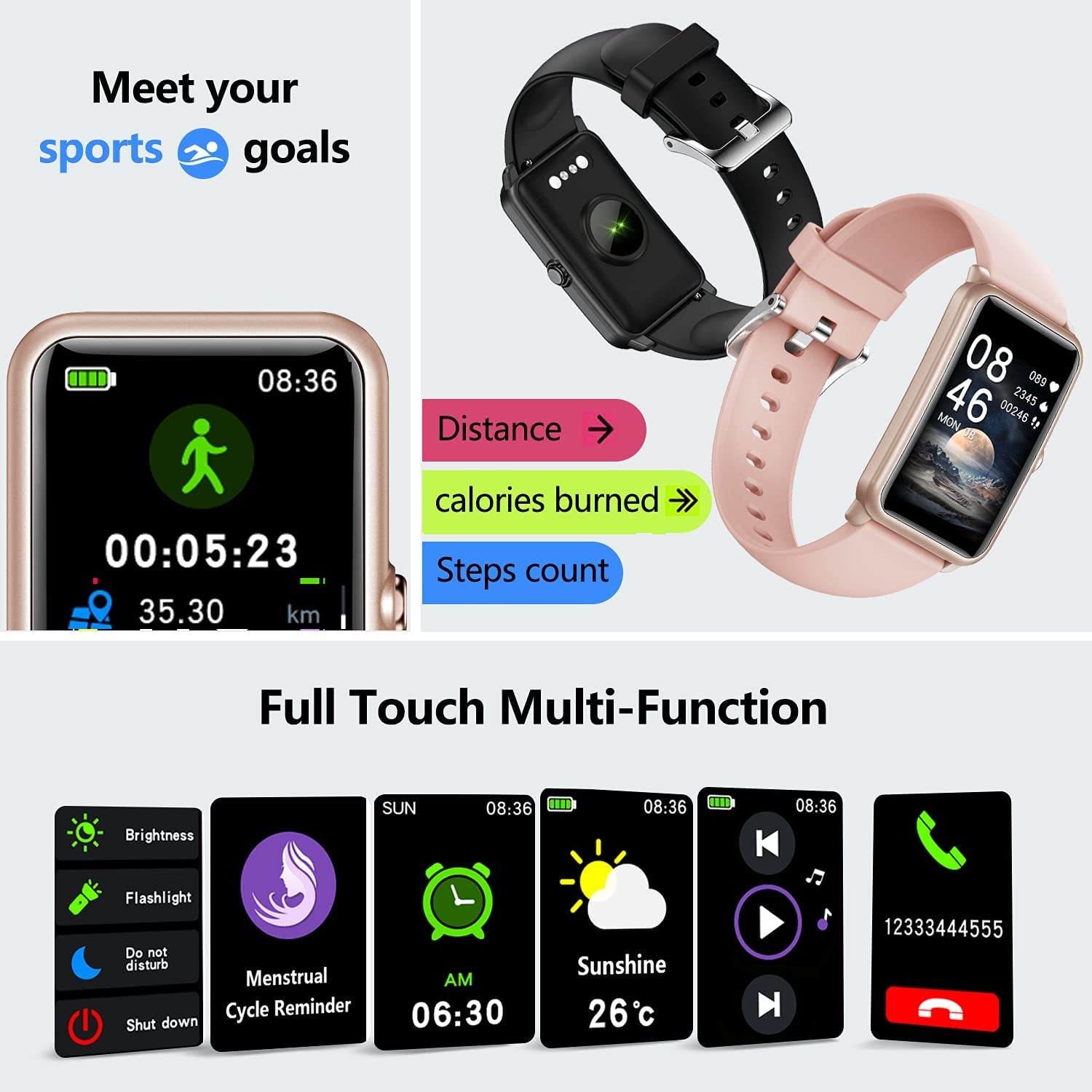 Fitness Tracker, Heart Rate Blood Pressure Monitor Activity Tracker, 1.57'' Touch Screen Calorie Step Counter IP68 Waterproof Watch with Weather Sleep Monitor Music Control for Women Men Kids