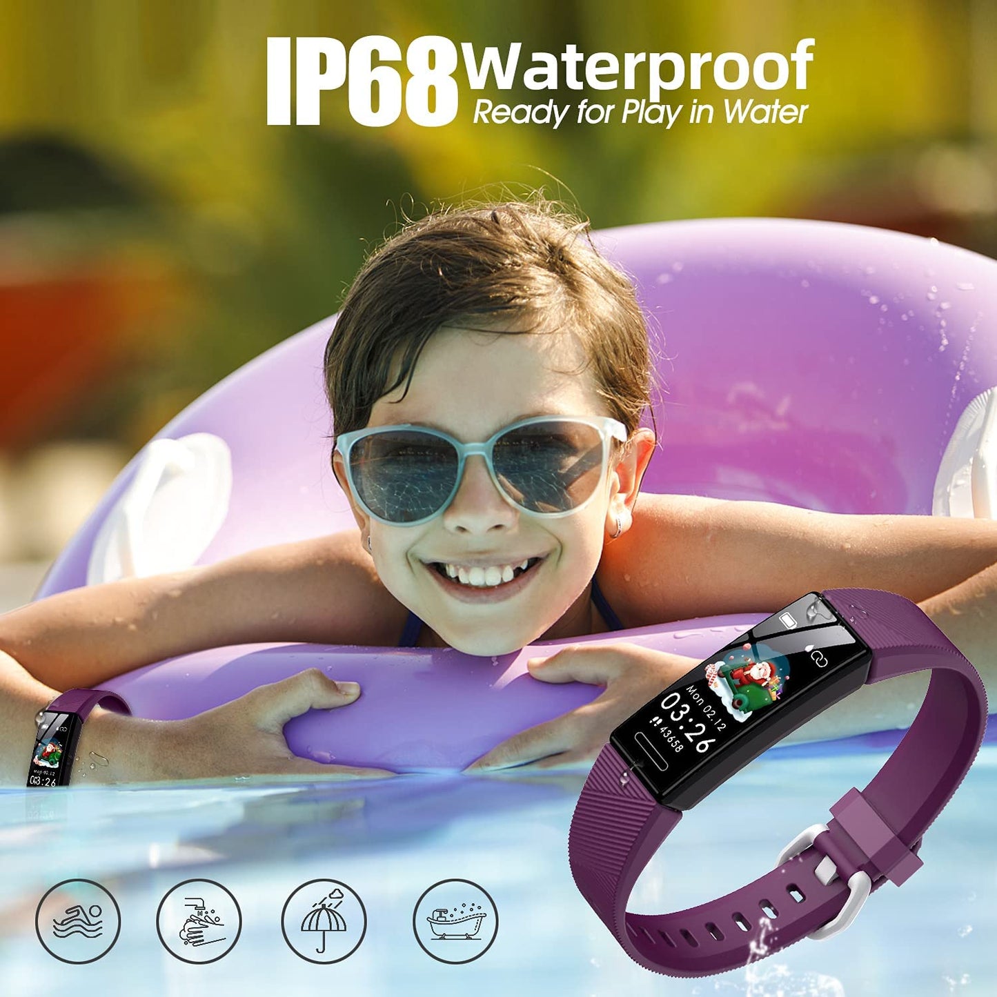 Fitness Tracker Watch for Kids, IP68 Waterproof Activity Tracker, Heart Rate Sleep Monitor, 11 Sport Modes Calorie Step Counter with Alarm Clock and Reminder, Great Gift for Boys Girls Teens (Purple)