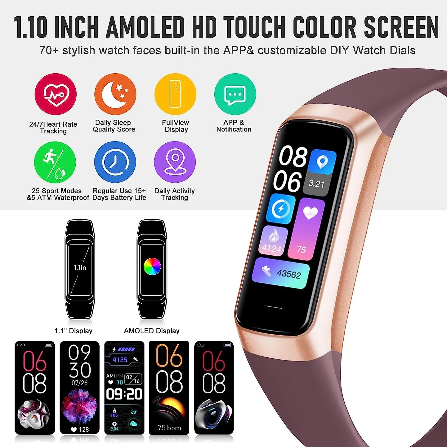 Fitness Tracker, 1.10''AMOLED Touch Color Screen Activity Tracker with 24/7 Heart Rate, Sleep Tracking, 25 Sports, Step Calorie Counter Pedometer