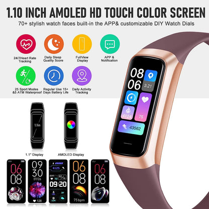 Fitness Tracker, 1.10''AMOLED Touch Color Screen Activity Tracker with 24/7 Heart Rate, Sleep Tracking, 25 Sports, Step Calorie Counter Pedometer