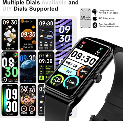 Fitness Tracker- Smart Watch with 1.47" Health Activity Trackers 24/7 Heart Rate,Stress Management, Monitor Blood Oxygen, Sleep Tracking Fitness Watch for Android Iphone Women Men (Black)